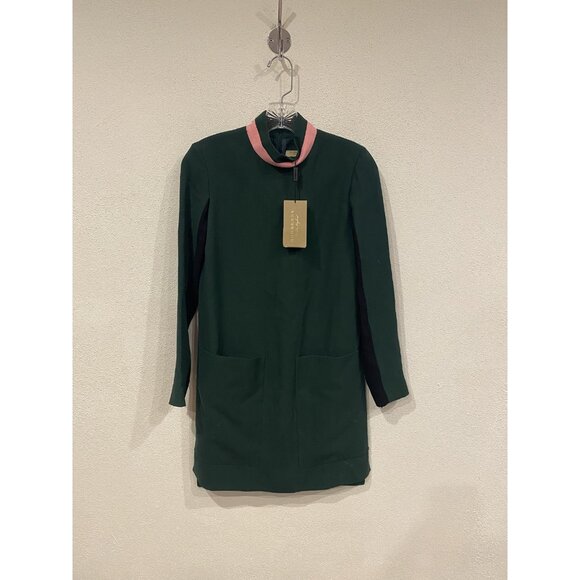 Burberry Dress Womens US 0 Dark Forest Green Zoya Pink Collar Long Sleeve Shift - Picture 2 of 6